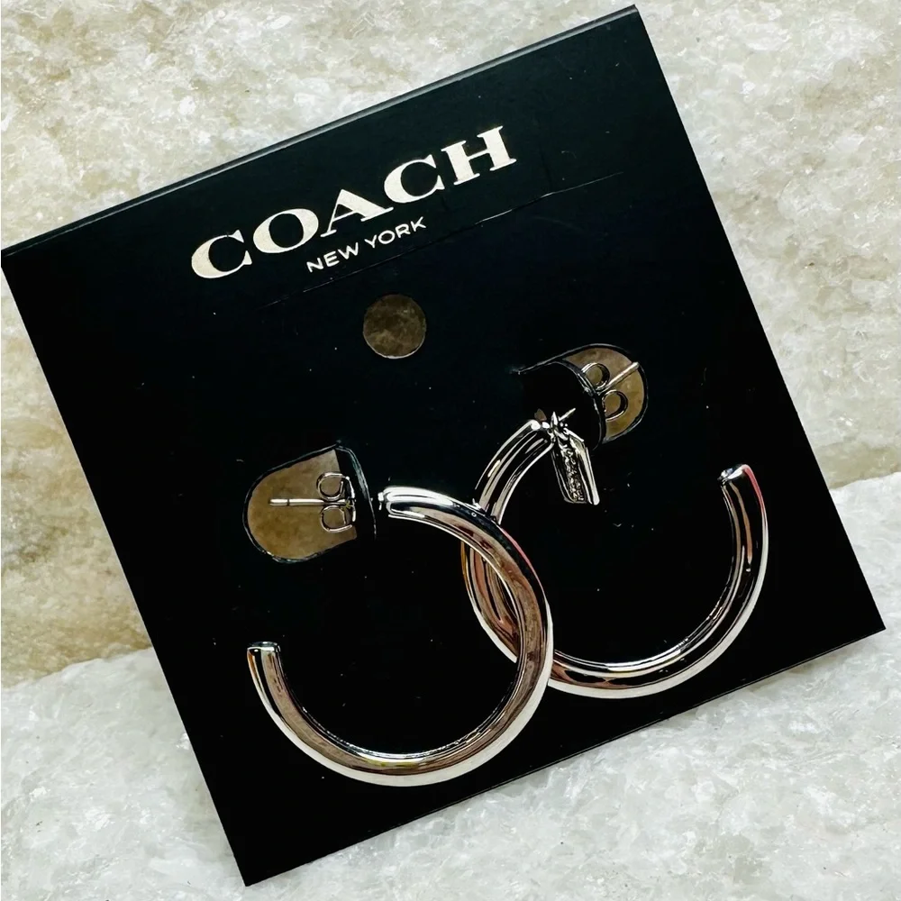 NEW! Coach Silver Colored Medium Signature Hoop Earrings - Picture 1 of 15